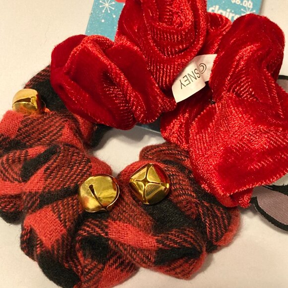 Disney Stitch Christmas Hair Scrunchie 2 Pack Santa Hat Plaid Bells Red NWT - Picture 6 of 9